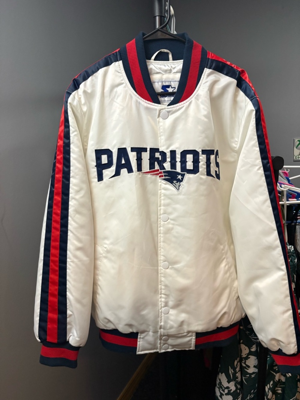 New England Patriots Jacket White Satin Jacket with Navy & Red Ribbed Trim
